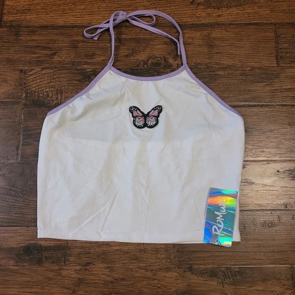 Tops - White Halter Tank Top with Lavender Trim and Butterfly Patch